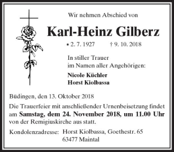 Traueranzeige von Karl-Heinz Gilberz von  Kreisanzeiger