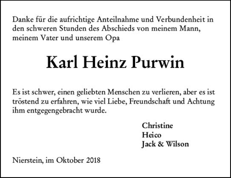  Traueranzeige für Karl Heinz Purwin vom 27.10.2018 aus vrm-trauer
