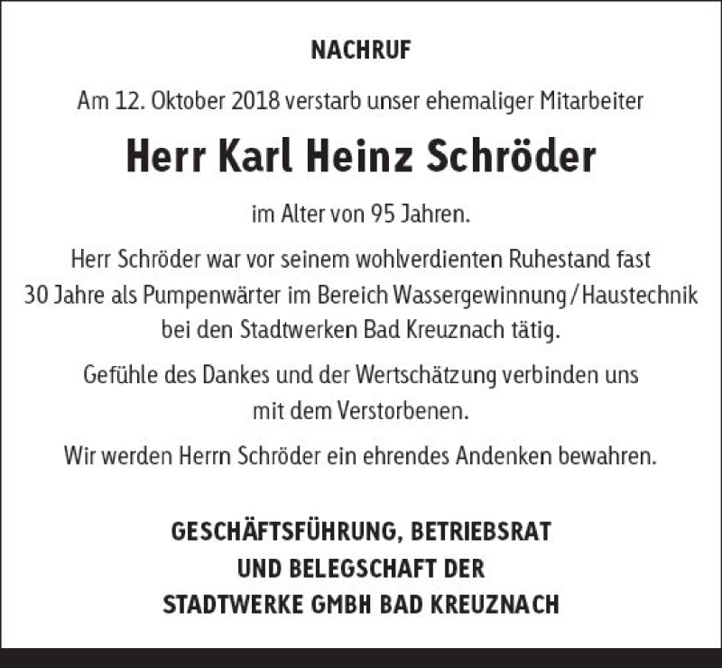  Traueranzeige für Karl Heinz Schröder vom 27.10.2018 aus vrm-trauer