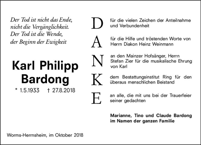  Traueranzeige für Karl Philipp Bardong vom 10.10.2018 aus vrm-trauer