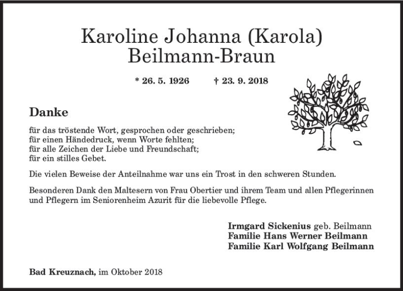  Traueranzeige für Karoline Johanna Beilmann-Braun vom 20.10.2018 aus vrm-trauer