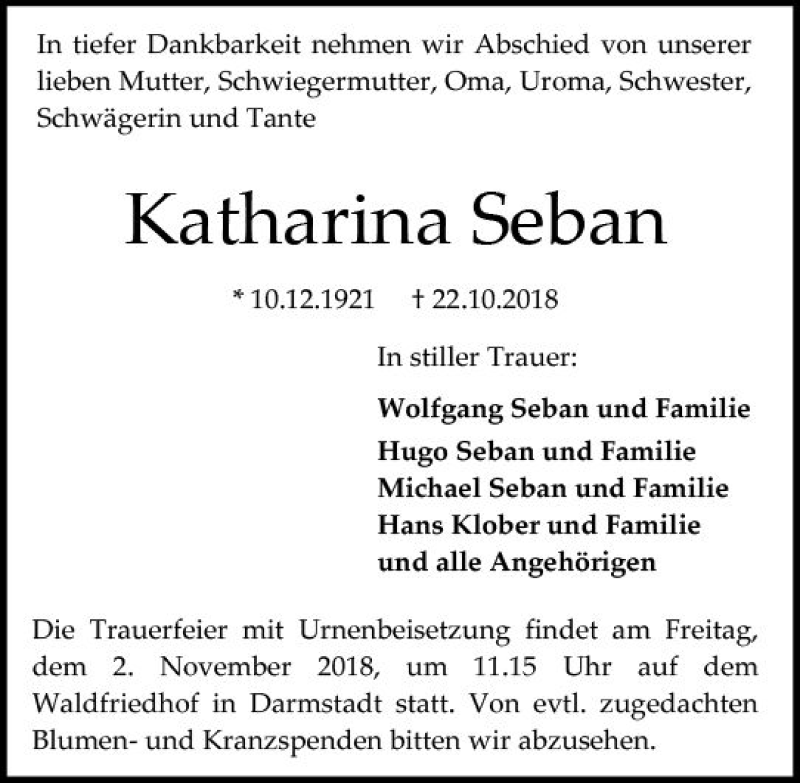  Traueranzeige für Katharina Seban vom 27.10.2018 aus vrm-trauer
