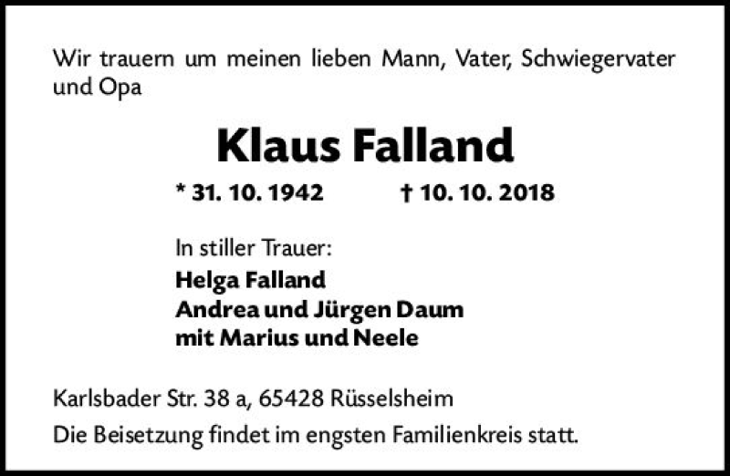  Traueranzeige für Klaus Falland vom 20.10.2018 aus vrm-trauer