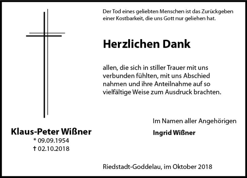  Traueranzeige für Klaus-Peter Wißner vom 20.10.2018 aus vrm-trauer
