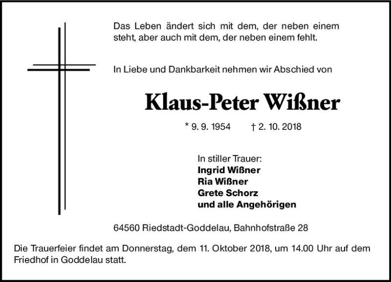  Traueranzeige für Klaus-Peter Wißner vom 06.10.2018 aus vrm-trauer