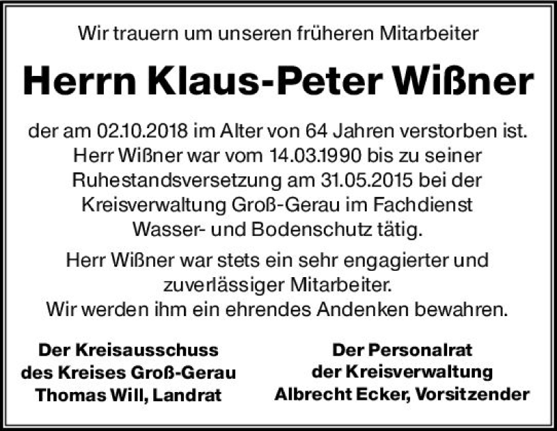  Traueranzeige für Klaus-Peter Wißner vom 10.10.2018 aus vrm-trauer