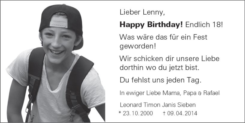  Traueranzeige für Leonard Timon Janis Sieben vom 23.10.2018 aus vrm-trauer