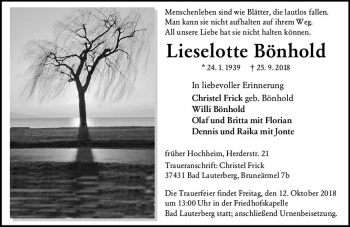 Traueranzeige von Lieselotte Bönhold von vrm-trauer