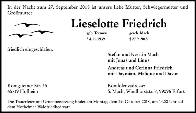  Traueranzeige für Lieselotte Friedrich vom 19.10.2018 aus vrm-trauer