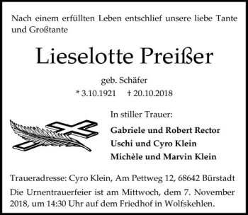 Traueranzeige von Lieselotte Preißer von vrm-trauer