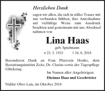 Traueranzeige von Lina Haas von  Kreisanzeiger