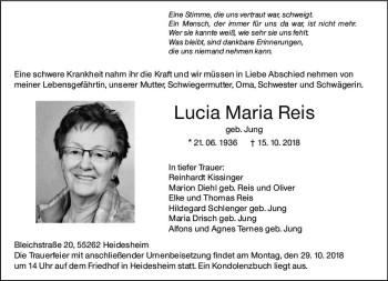 Traueranzeige von Lucia Maria Reis von vrm-trauer