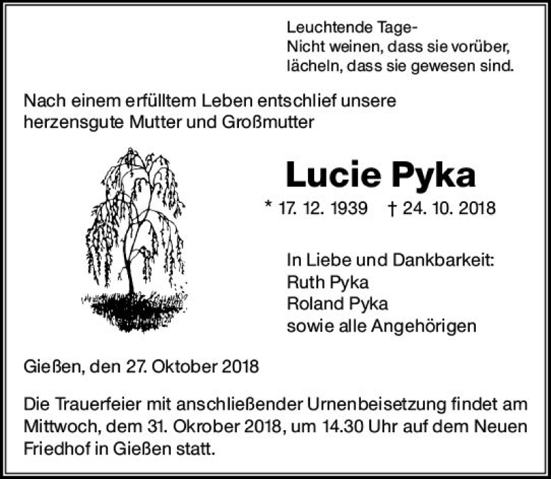  Traueranzeige für Lucie Pyka vom 27.10.2018 aus  Gießener Anzeiger