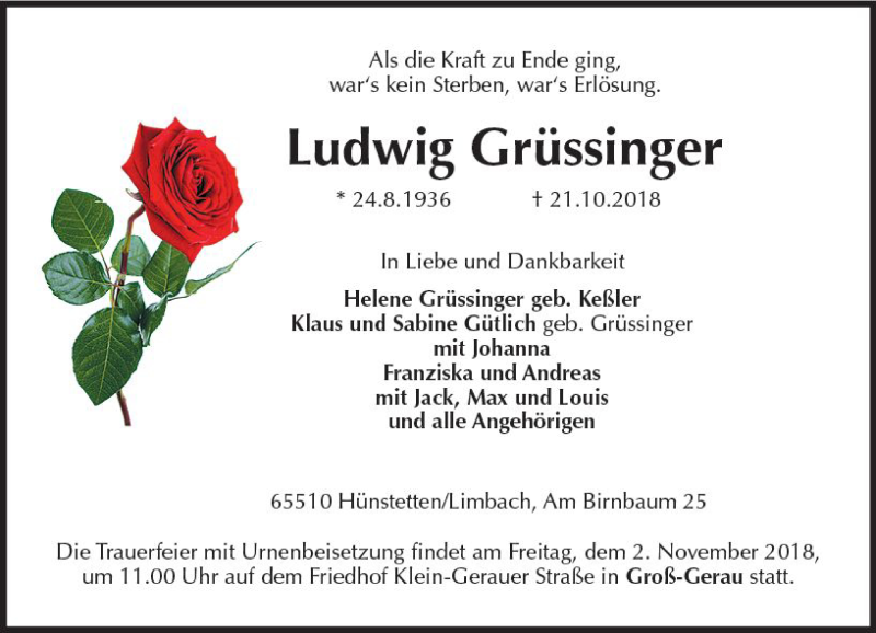  Traueranzeige für Ludwig Grüssinger vom 27.10.2018 aus vrm-trauer