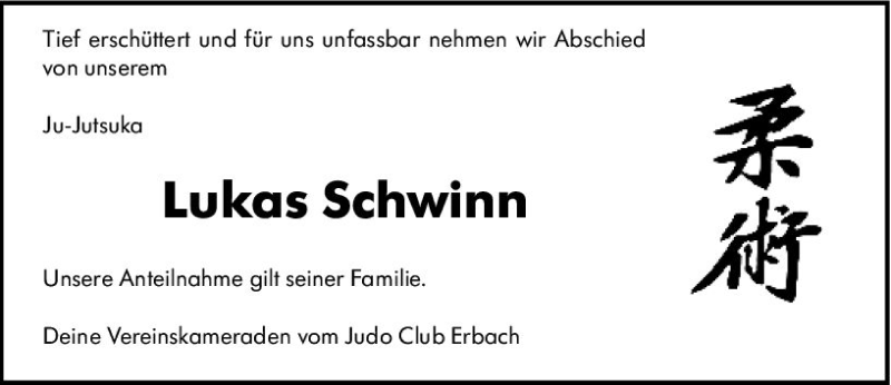  Traueranzeige für Lukas Schwinn vom 20.10.2018 aus vrm-trauer