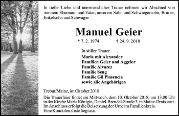 Traueranzeige von Manuel Geier von vrm-trauer