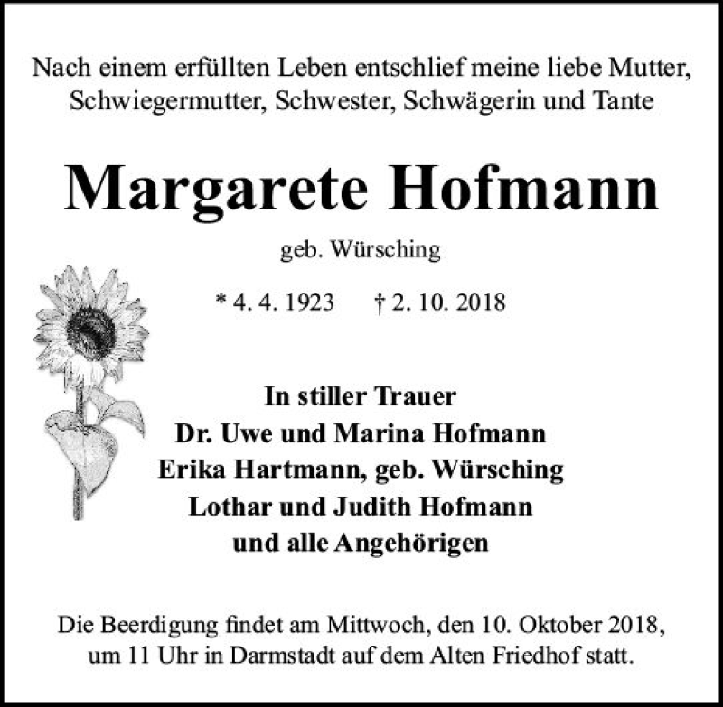  Traueranzeige für Margarete Hofmann vom 06.10.2018 aus vrm-trauer