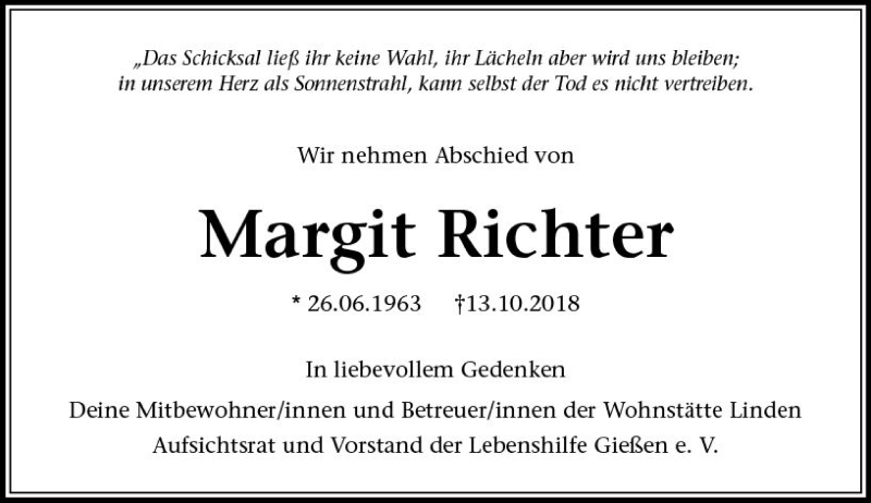  Traueranzeige für Margit Richter vom 20.10.2018 aus  Gießener Anzeiger
