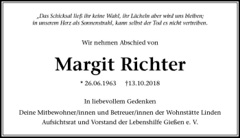 Traueranzeige von Margit Richter von  Gießener Anzeiger