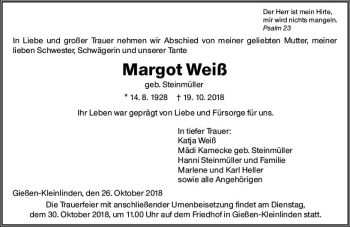 Traueranzeige von Margot Weiß von  Gießener Anzeiger