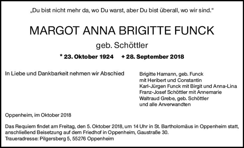  Traueranzeige für Margot Anna Brigitte Funck vom 05.10.2018 aus vrm-trauer