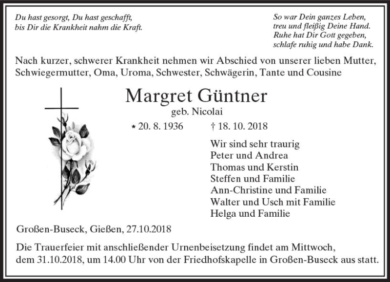  Traueranzeige für Margret Güntner vom 27.10.2018 aus  Gießener Anzeiger