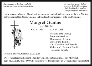 Traueranzeige von Margret Güntner von  Gießener Anzeiger