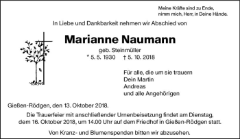 Traueranzeige von Marianne Naumann von  Gießener Anzeiger