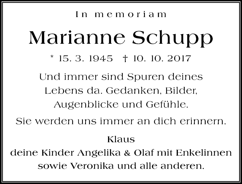  Traueranzeige für Marianne Schupp vom 13.10.2018 aus vrm-trauer