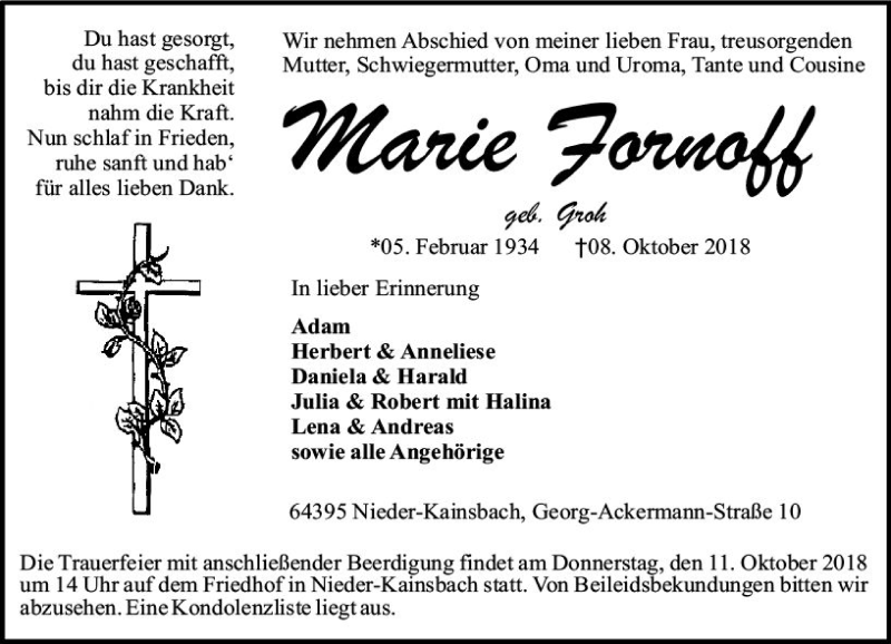  Traueranzeige für Marie Jornoff vom 10.10.2018 aus vrm-trauer