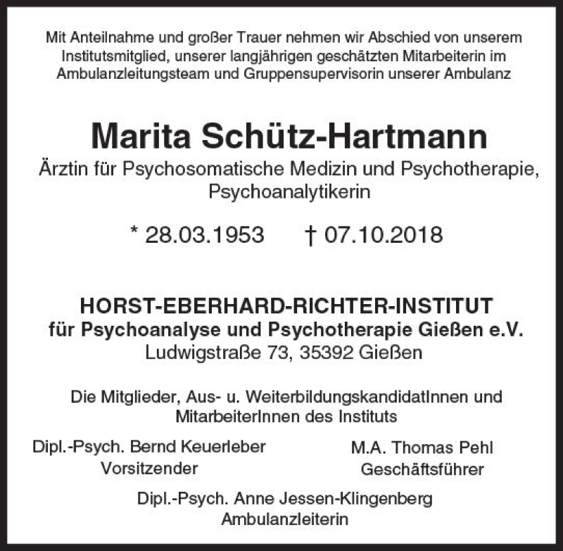  Traueranzeige für Marita Schütz-Hartmann vom 20.10.2018 aus  Gießener Anzeiger