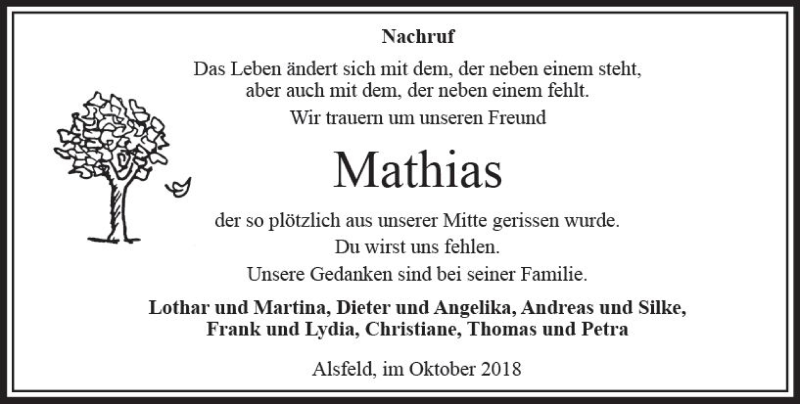  Traueranzeige für Mathias  vom 10.10.2018 aus VRM Trauer