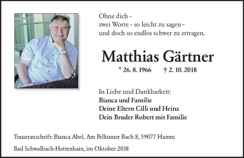  Traueranzeige für Matthias Gärtner vom 06.10.2018 aus vrm-trauer