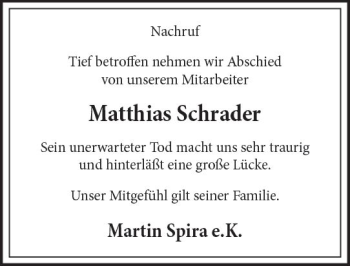 Traueranzeige von Matthias Schrader von vrm-trauer