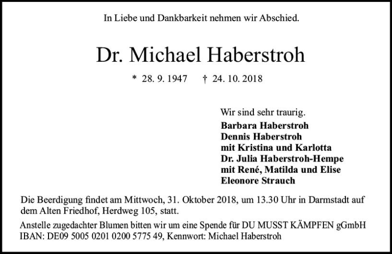  Traueranzeige für Michael Haberstroh vom 27.10.2018 aus vrm-trauer