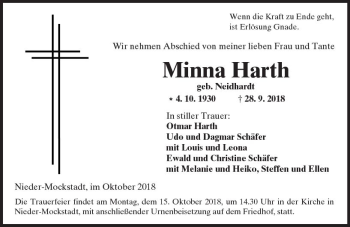 Traueranzeige von Minna Harth von  Kreisanzeiger