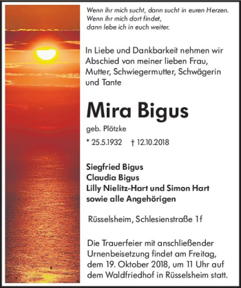 Traueranzeige von Mira Bigus von vrm-trauer