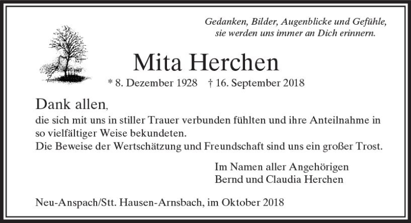  Traueranzeige für Mita Herchen vom 20.10.2018 aus  Usinger Anzeiger