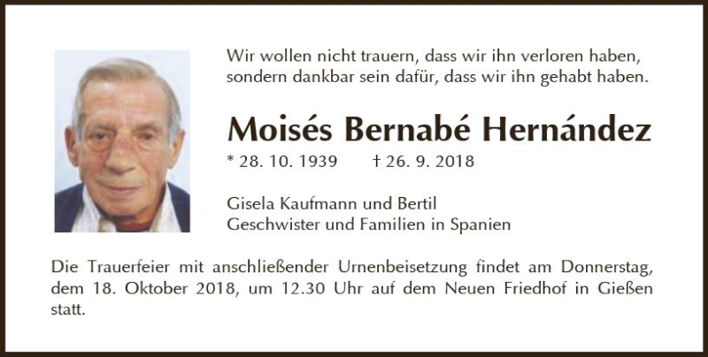  Traueranzeige für Moises Bernabe Hernandez vom 17.10.2018 aus  Gießener Anzeiger