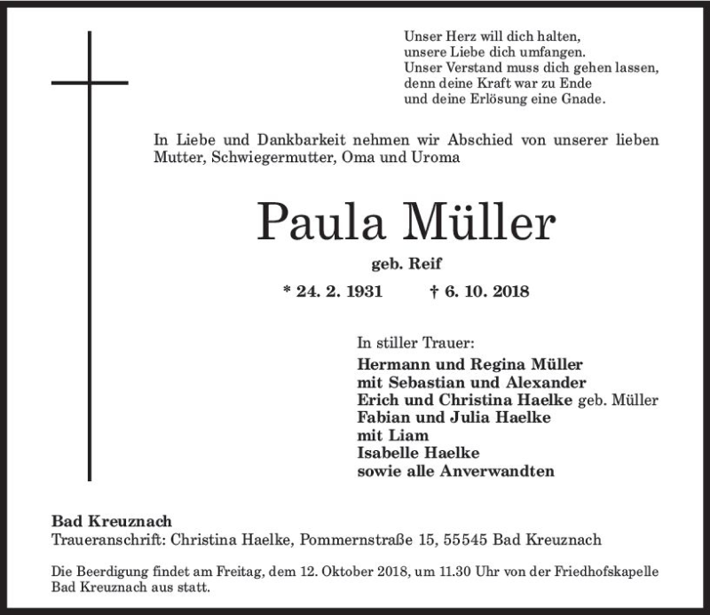  Traueranzeige für Paula Müller vom 10.10.2018 aus vrm-trauer