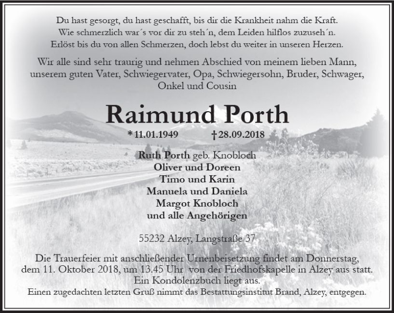  Traueranzeige für Raimund Porth vom 02.10.2018 aus vrm-trauer