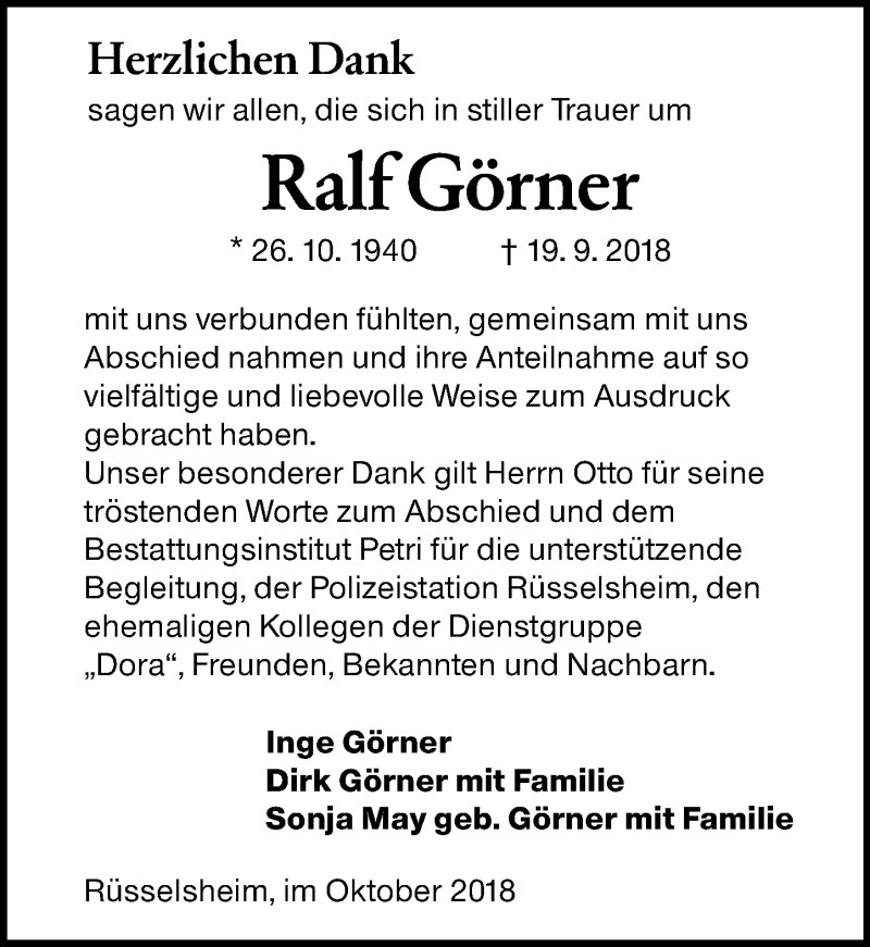  Traueranzeige für Ralf Görner vom 13.10.2018 aus vrm-trauer