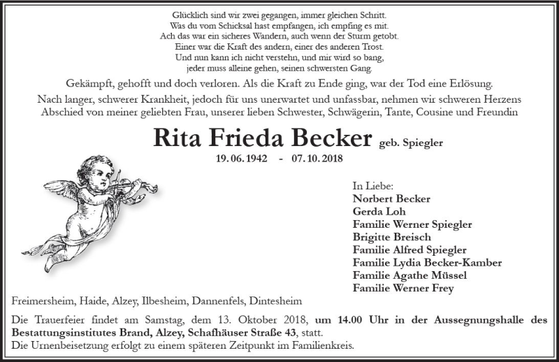  Traueranzeige für Rita Frieda Becker vom 10.10.2018 aus vrm-trauer