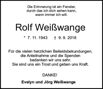 Traueranzeige von Rolf Weißwange von vrm-trauer