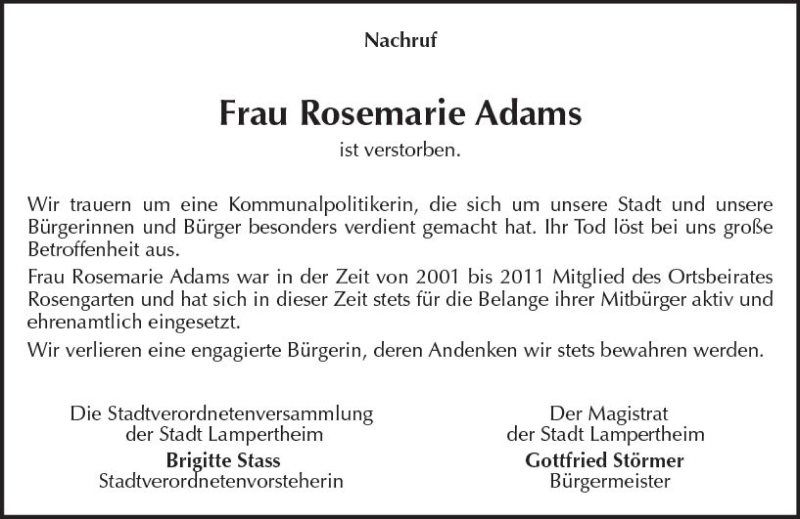  Traueranzeige für Rosemarie Adams vom 31.10.2018 aus vrm-trauer