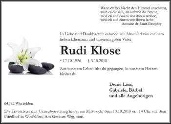 Traueranzeige von Rudi Klose von vrm-trauer