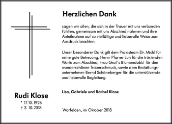 Traueranzeige von Rudi Klose von vrm-trauer