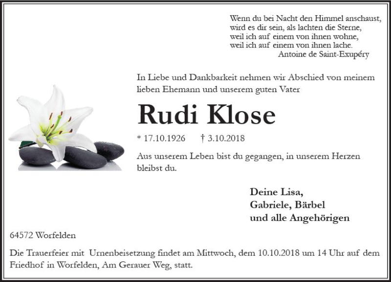  Traueranzeige für Rudi Klose vom 06.10.2018 aus vrm-trauer
