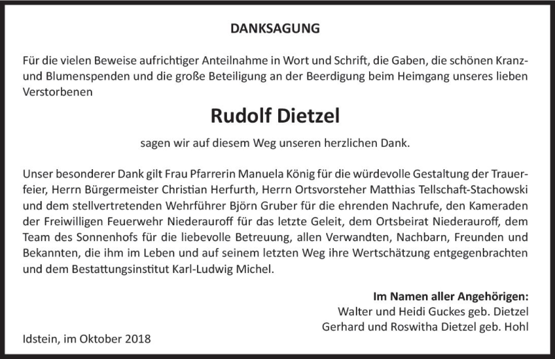  Traueranzeige für Rudolf Dietzel vom 27.10.2018 aus vrm-trauer