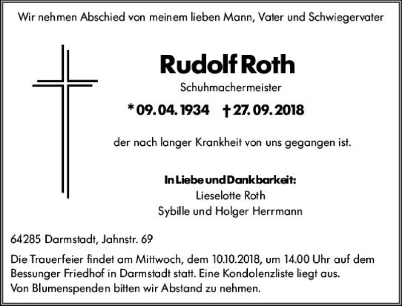  Traueranzeige für Rudolf Roth vom 06.10.2018 aus vrm-trauer